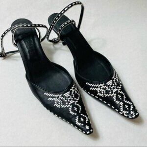 Calonge Black & White Woven Slingback Heels